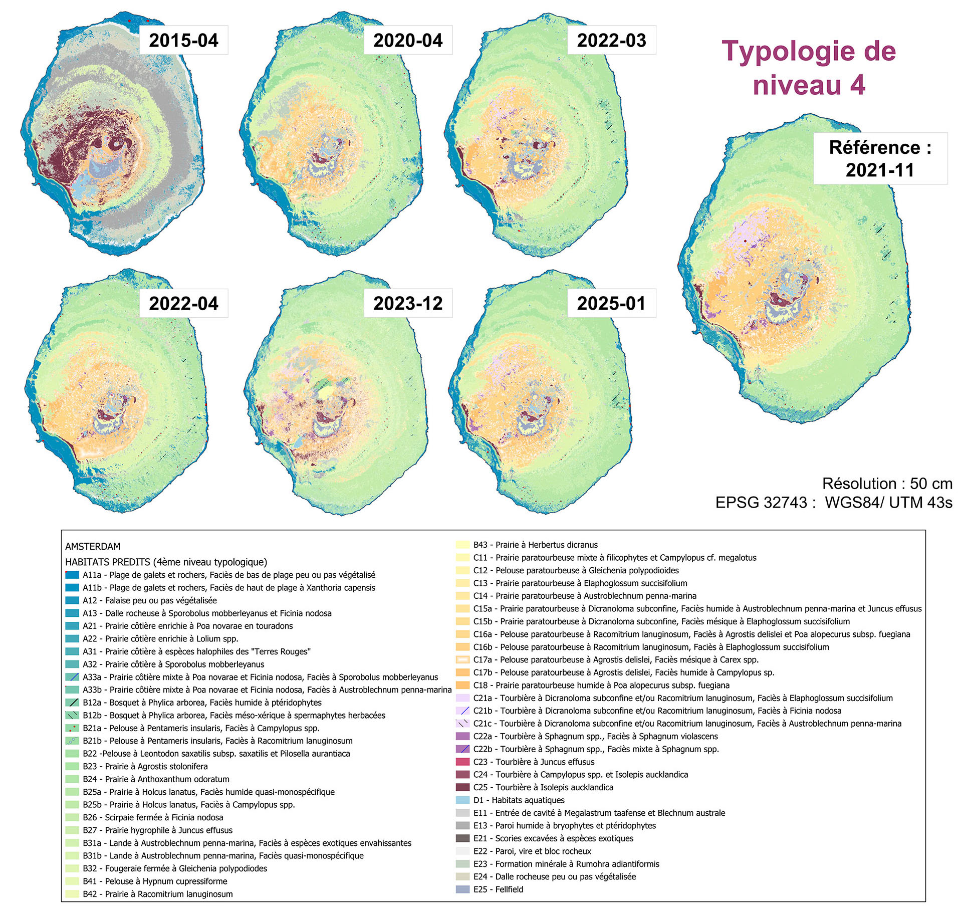 Cartes prédites des habitats de l’île Amsterdam – année de référence (novembre 2021, résolution 50 cm) – issues de modèles hiérarchisés entraînés sur données de terrain et données artificielles.