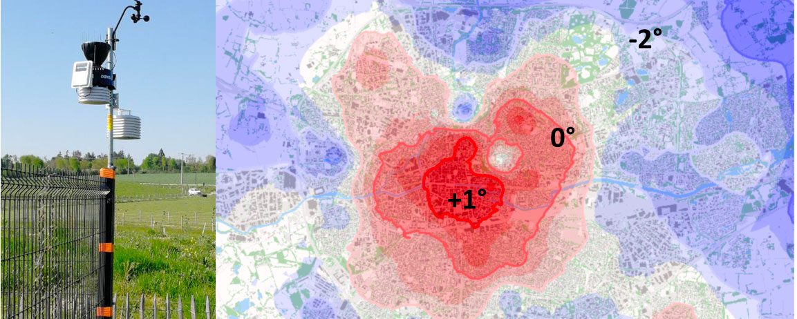 Ilot de chaleur à Rennes : station de mesure in-situ (à gauche) et carte de la température minimale du 4 avril 2022 à droite.