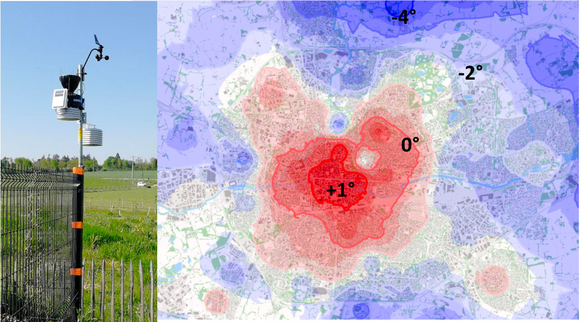 Ilot de chaleur à Rennes : station de mesure in-situ (à gauche) et carte de la température minimale du 4 avril 2022 à droite.