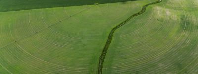 Vue aérienne de champs circulaires irrigués verts illustrant des techniques agricoles modernes.