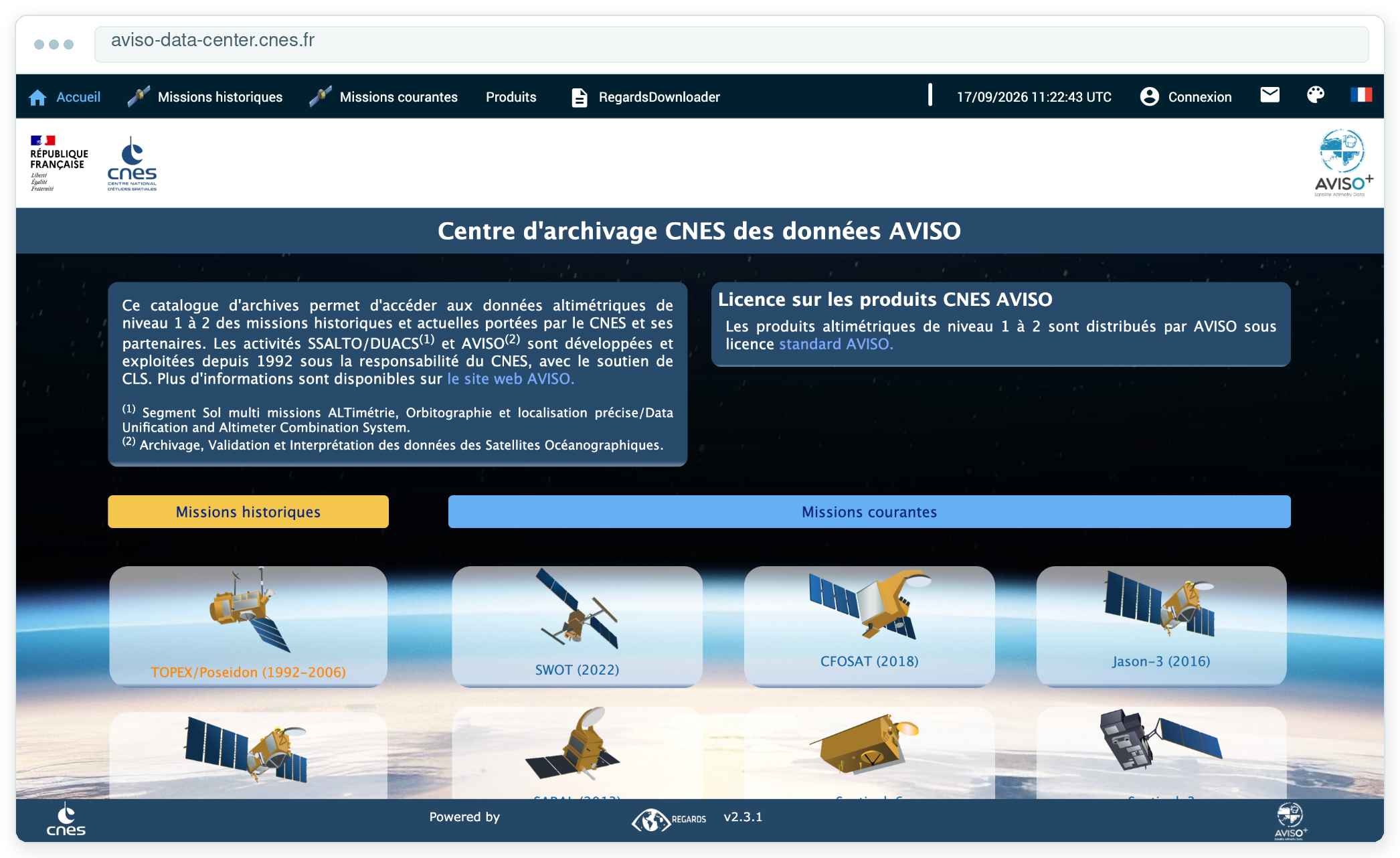 Capture d'écran Centre d'archivage CNES des données AVISO