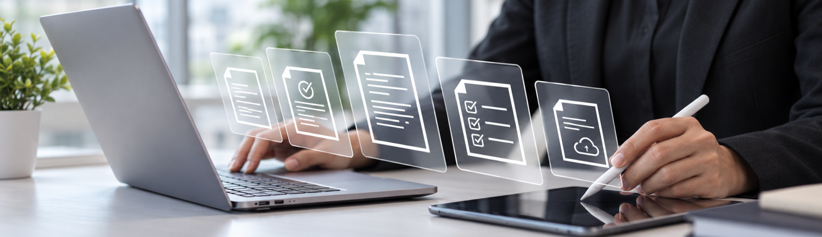Une personne utilise un stylet sur un ordinateur affichant une interface de gestion documentaire numérique.