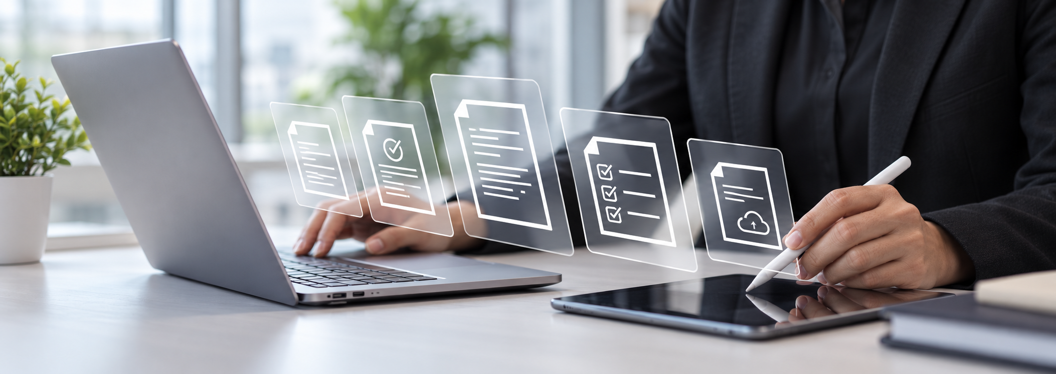 Une personne utilise un stylet sur un ordinateur affichant une interface de gestion documentaire numérique.