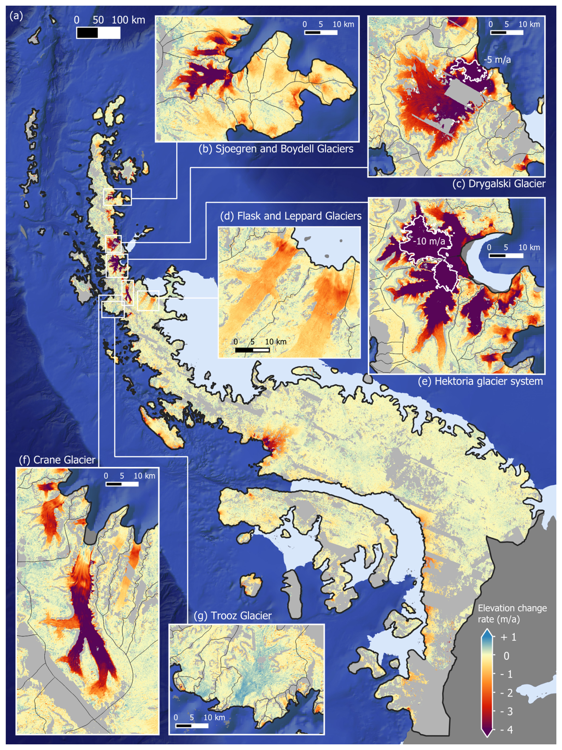 Carte des variations annuelles d’altitude des glaciers de la péninsule Antarctique entre 2007 et 2021, avec des agrandissements de cinq bassins glaciaires.
